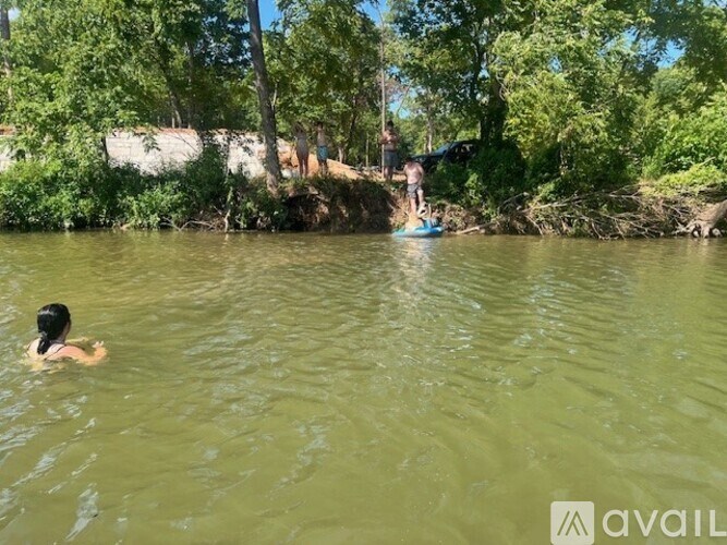A person is swimming in a river with trees in the background.