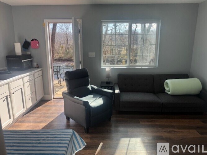 A living room with a couch, chair, and a window.