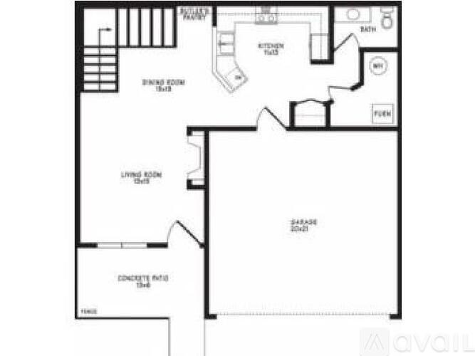 A floor plan of a house with a living room, dining room, kitchen, and bathroom.