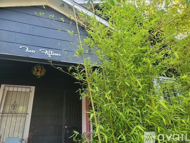 A blue building with a sign that says "Two Fifteen" above the door.