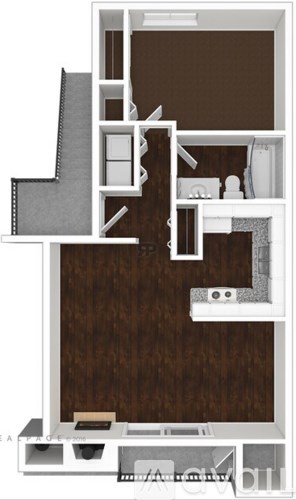 A floor plan of a house with a kitchen, living room, and two bedrooms.