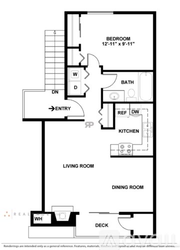 A floor plan of a house with a bedroom, bath, kitchen, living room, dining room, and deck.