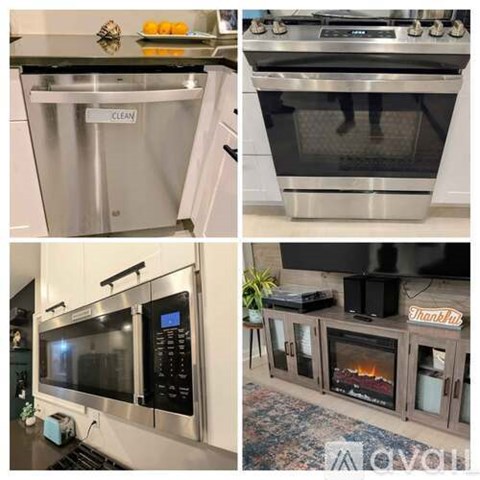 A collage of four images showing various kitchen appliances and a fireplace.