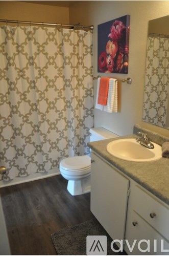 A bathroom with a toilet, sink, and shower curtain.
