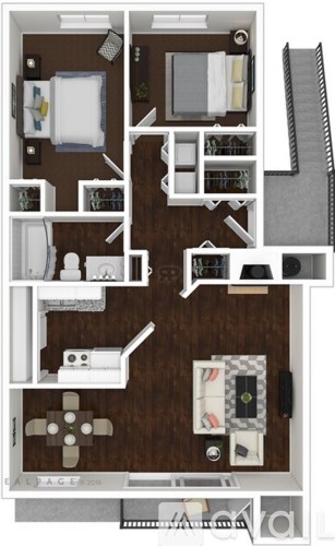 A floor plan of a small apartment with a kitchen, living room, and bathroom.
