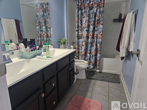 A bathroom with a sink, toilet, and shower curtain.