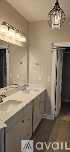 A bathroom with a white countertop and a mirror above it.