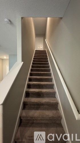 A staircase with a carpeted runner and white walls.