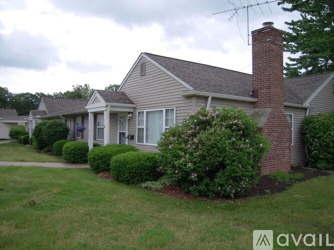 A house with a grey roof and a chimney is surrounded by green bushes.