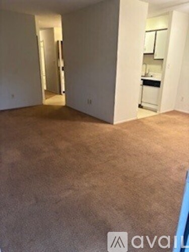 A room with a carpeted floor and a kitchen in the background.
