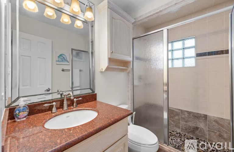 A bathroom with a marble countertop and a walk-in shower.