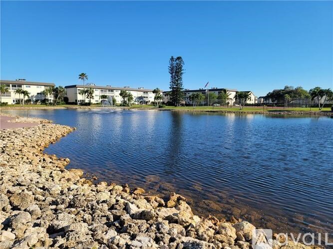 A body of water with rocks in the foreground and buildings in the background.