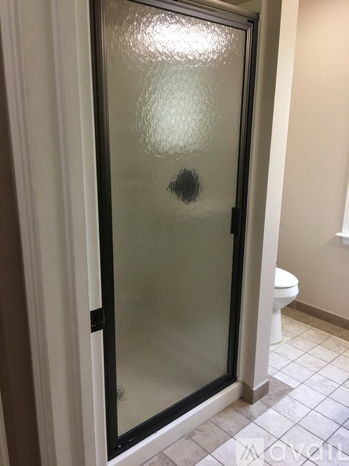 A frosted glass shower door in a bathroom.
