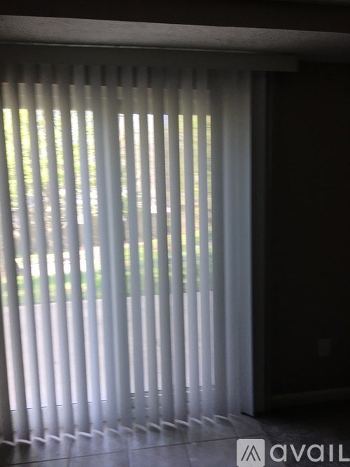 A window with white blinds partially open.