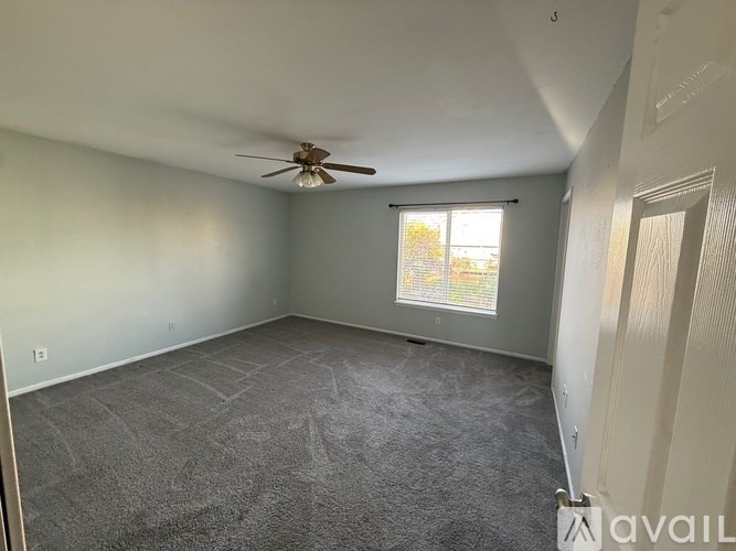 A room with a ceiling fan and a window with a view of trees.