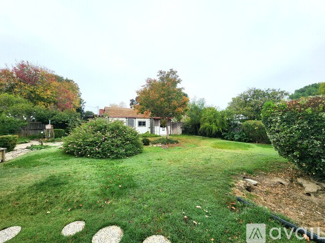 A backyard with a white house, green lawn, and trees.