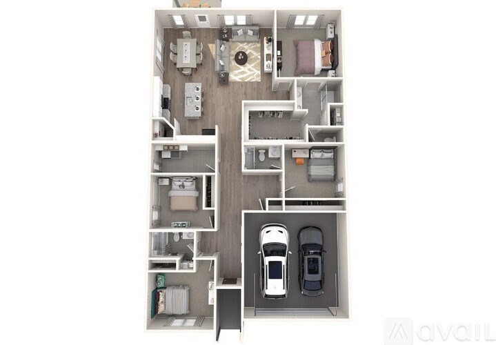 A floor plan of an apartment with two bedrooms, a living room, a kitchen, a bathroom, and two parking spaces.