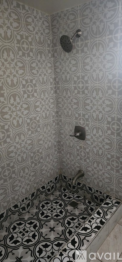 A shower with a patterned tile floor and wall.