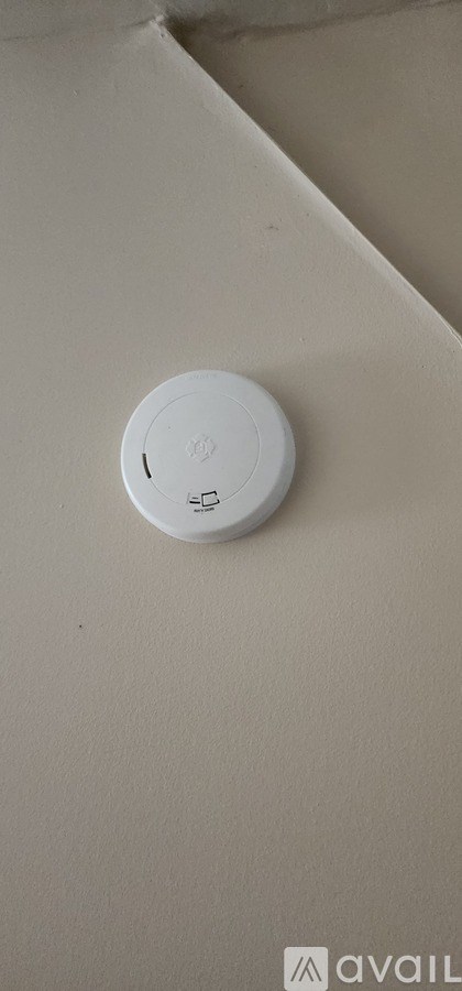 A white smoke detector is mounted on a beige wall.