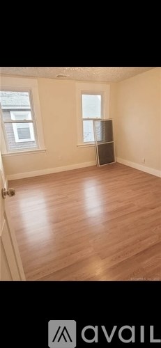 A room with wooden flooring and two windows.