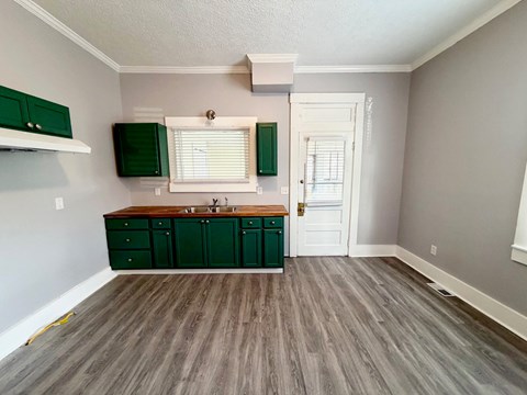 A kitchen with green cabinets and a white door.