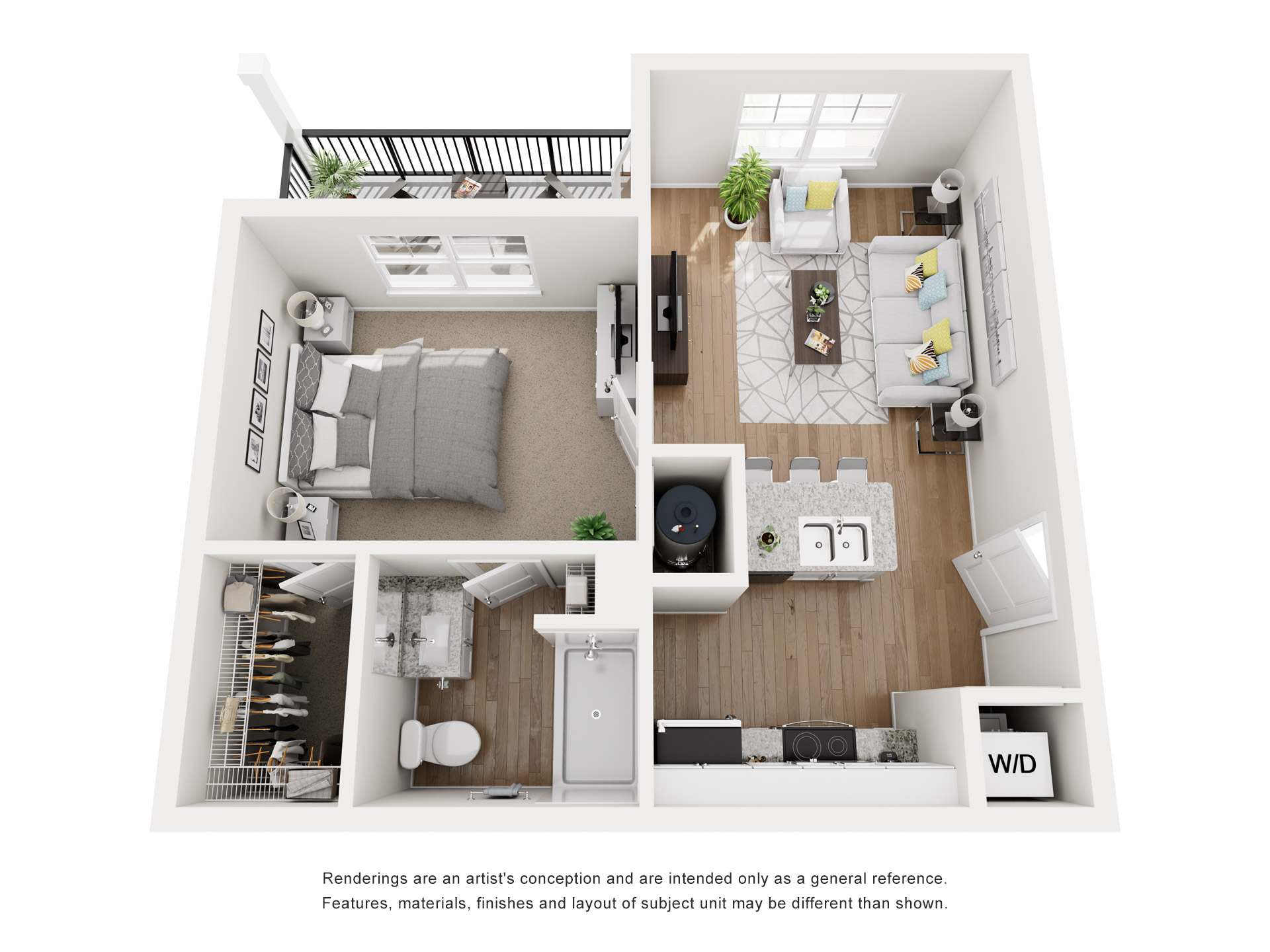 One bedroom one bathroom apartment floor plan with 958 square feet of living space, open living area, kitchen, bedroom, bathroom, walk in closet, in unit laundry, and private balcony.