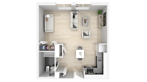 A top-down view of a small apartment with a kitchen, living room, and bedroom.