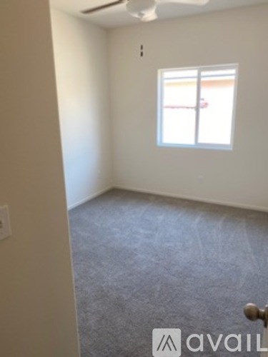 A room with a carpeted floor and a window.