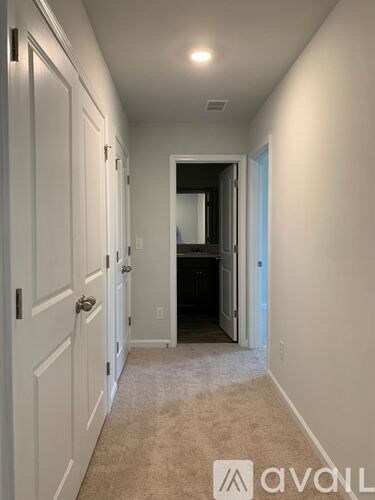 A hallway with white doors and a carpeted floor.