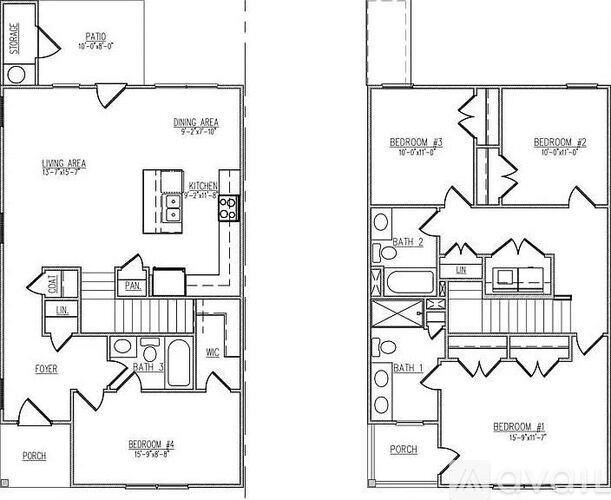 A floor plan of a house with two bedrooms, a living area, a kitchen, a bathroom, a porch, and a foyer.