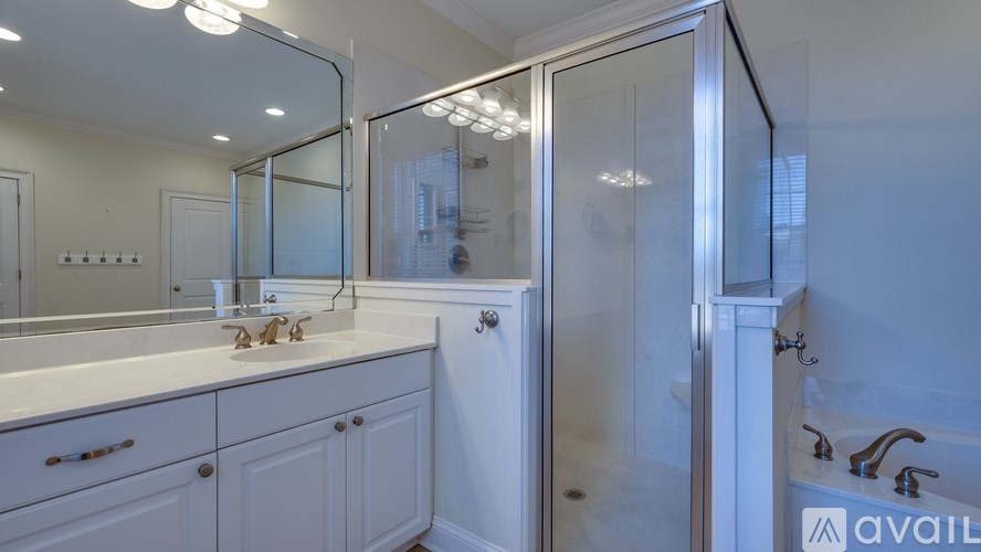 A bathroom with a white sink and a glass shower door.