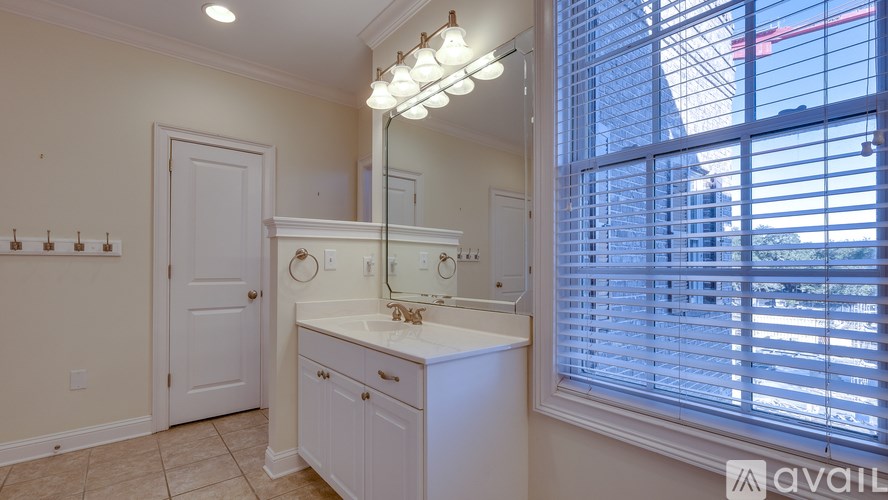 A bathroom with a vanity, mirror, and lighting fixture.