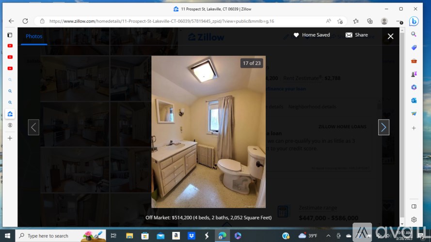 A webpage displays a real estate listing for a property at 11 Prospect St, Lakeville, CT 06037 with a photo of a bedroom.