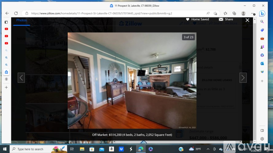 A bedroom with a bed, dresser, and mirror is displayed on a real estate website.