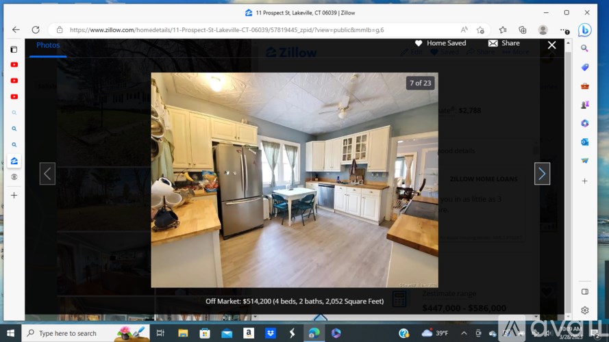 A real estate website is open, displaying a property in Lakeville, CT.