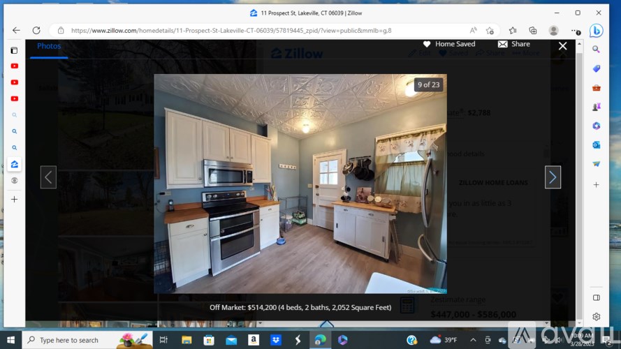 A Zillow listing shows a kitchen with white cabinets and a stove.