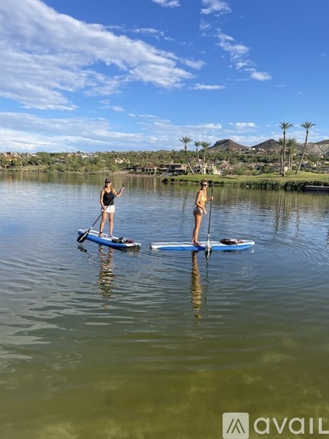 Two people stand up paddleboarding on a calm lake.
