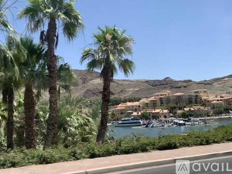 Palm trees in front of a mountain and a body of water.