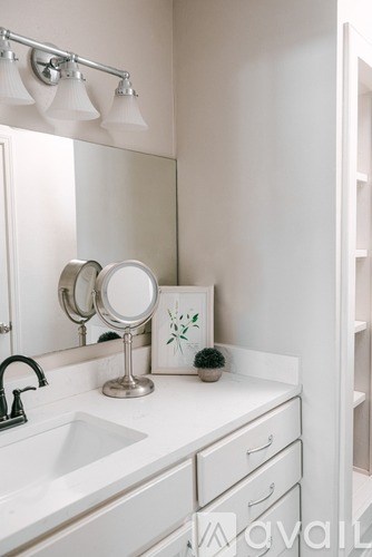 A white bathroom vanity with a mirror, a small plant, and a picture frame.