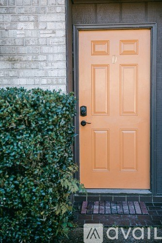 A brown door with a black frame and a black doorknob.
