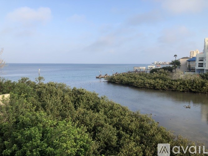 A view of a coastal area with a body of water, greenery, and buildings in the distance.