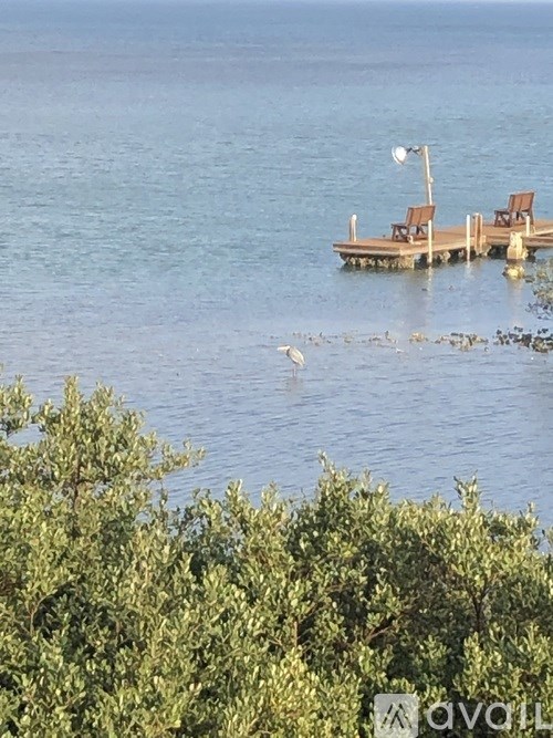 A small dock with two chairs and a lamp is surrounded by water.