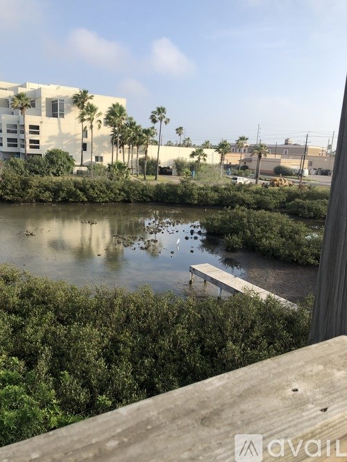 A body of water surrounded by greenery and a building in the background.
