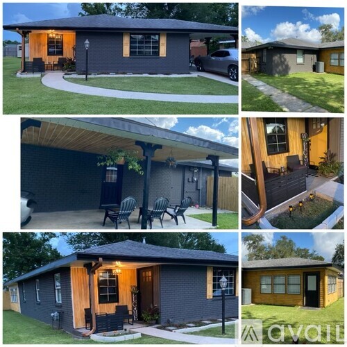 A collage of exterior shots of a house with a garage and a covered porch.