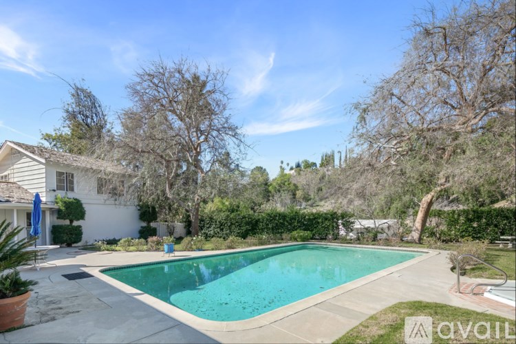 A pool surrounded by a patio and trees.