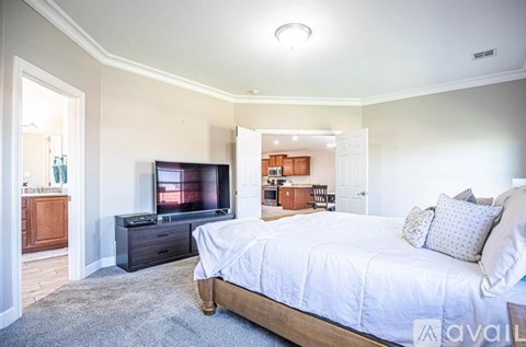 A bedroom with a bed, dresser, and television.