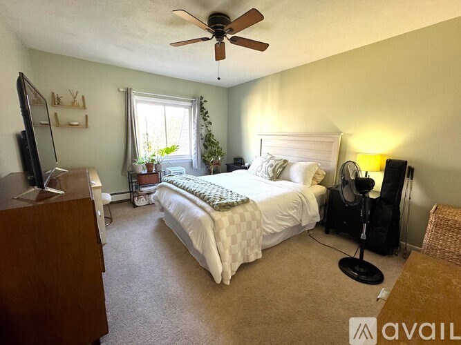 A bedroom with a bed, a television, and a ceiling fan.