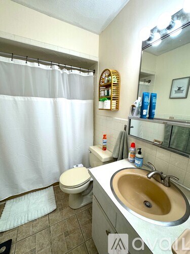 A bathroom with a toilet, sink, and shower curtain.