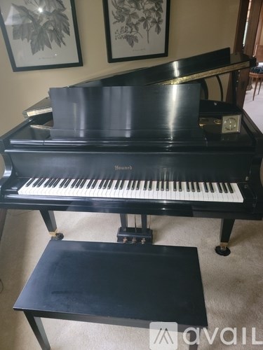 A black piano with a black stool in front of it.