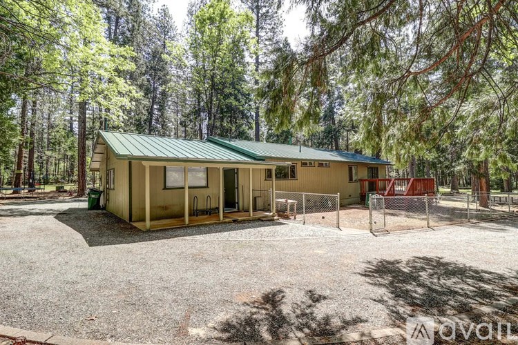 A house with a green roof is surrounded by trees.